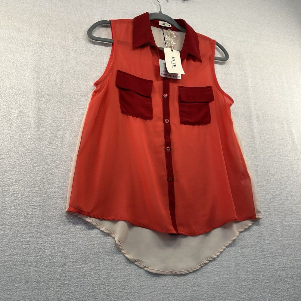 NWT BLVD Blouse Sheer Sleeveless Tank Top Women L Color lock Red White Flowy